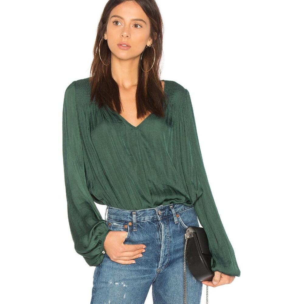 NWT Free People Green Satin Smocking N Rocking Bodysuit Small Long Sleeve Blouse